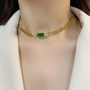 Gold Chain Choker Necklace with Green Gemstone